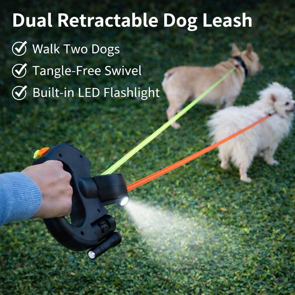 Double Ended Leash, Double Dog Leash for Two Dogs with Tangle-Free Swivel, Dog Leashs with LED Flashlight for Small & Large Dog
